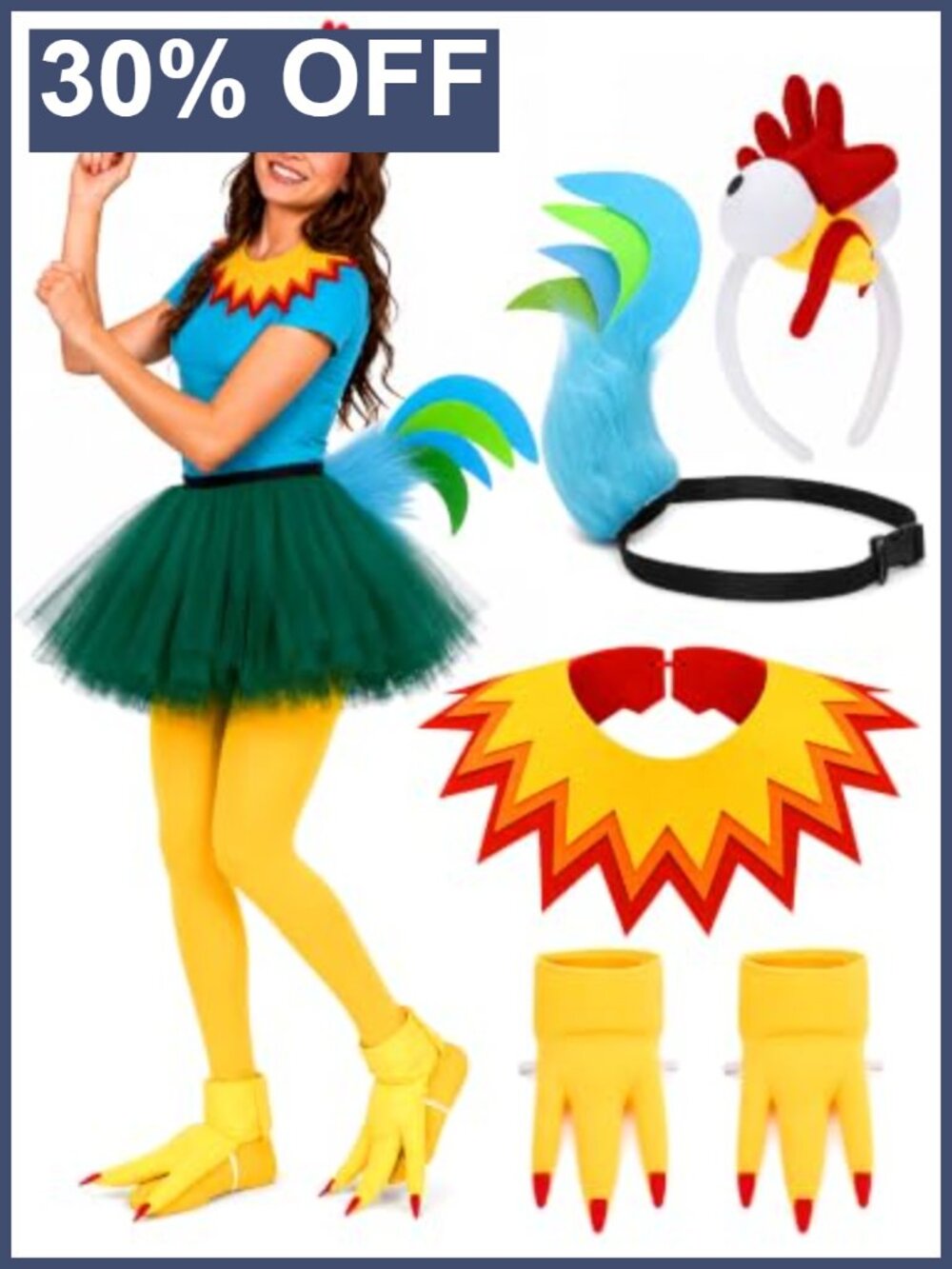5pc Adult Rooster Halloween Costume Chicken Headband Tail Collar Shoe Covers Set